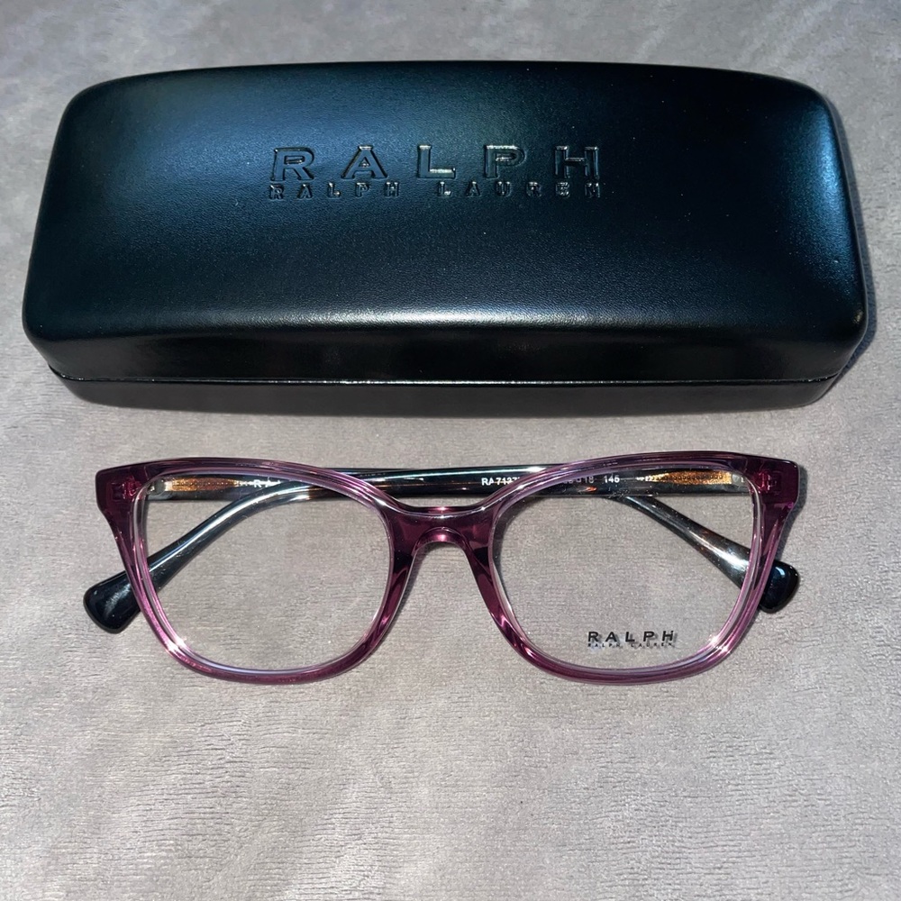 Ralph Lauren glasses. Shiny transparent violet with clear demo lenses